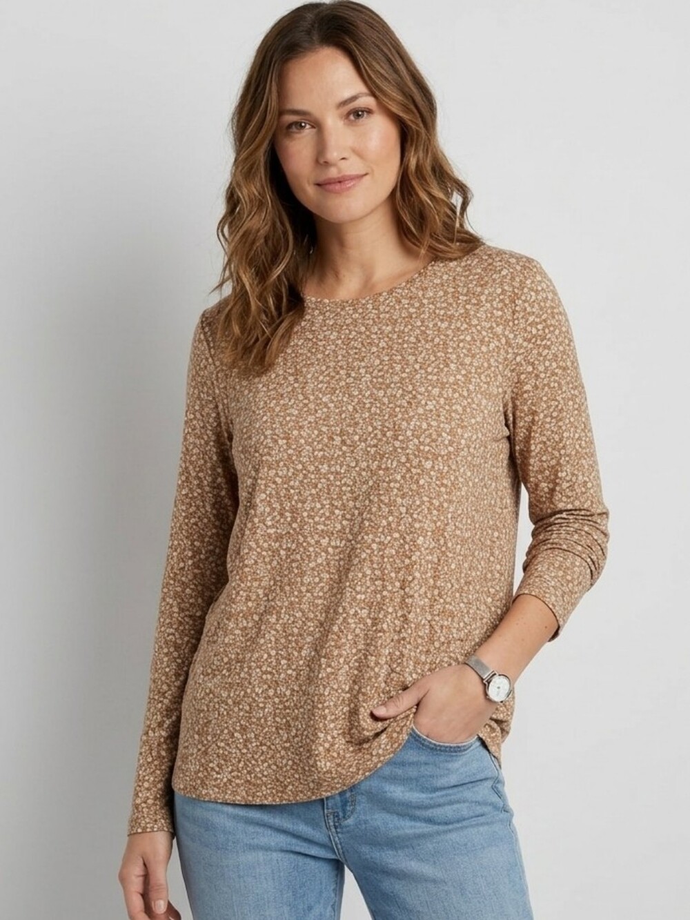 Croft & Barrow Floral Tan Long Sleeve Top